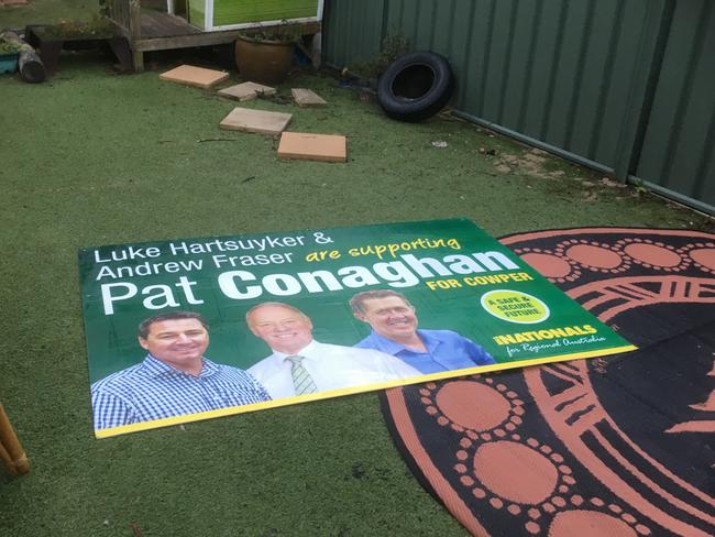 The NSW Nationals have accused supporters of independent Rob Oakeshott of tearing down National’s candidate Pat Conaghan posters and replacing them with that of Mr Oakeshott. Picture: Jack Morphet