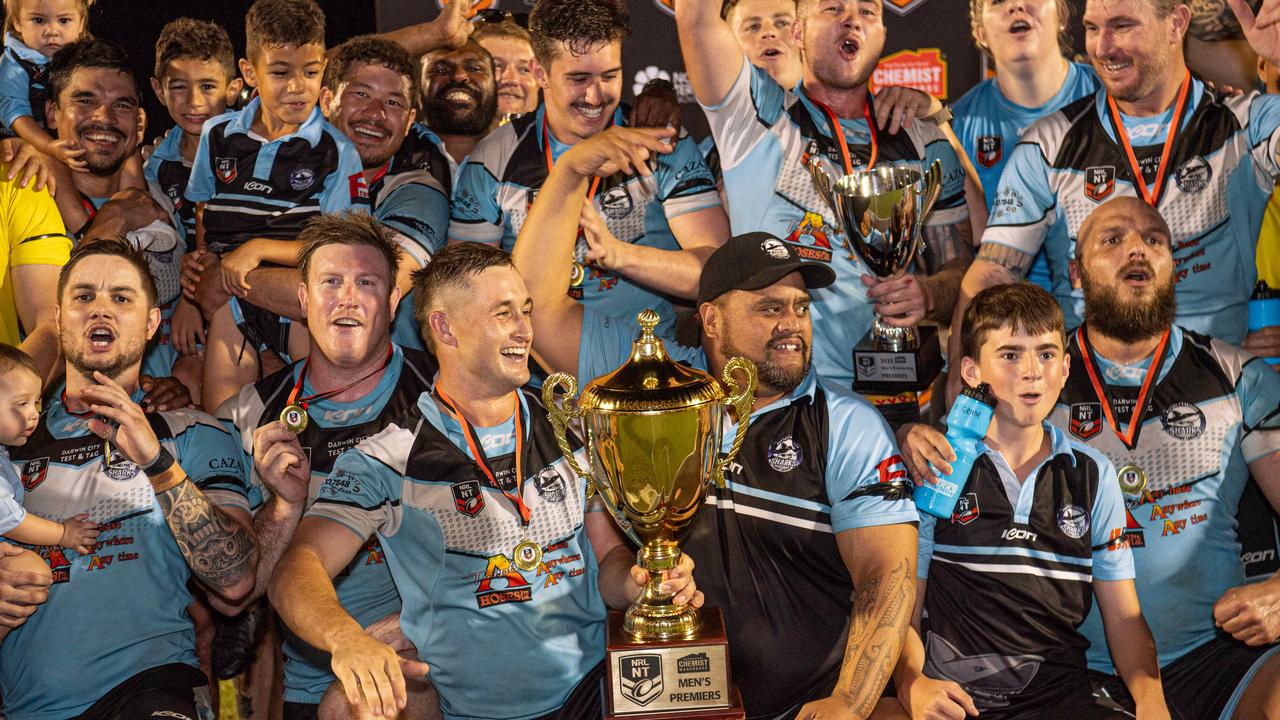 Northern Sharks celebrate winning the 2023 NRL NT grand final. Picture: Pema Tamang Pakhrin