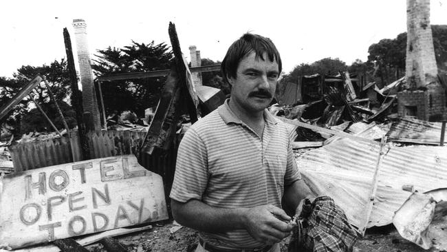 Devastating flashback: Then p[publican Pat Hutchinson stands in front of all that's left of the Aireys Inlet Hotel after it was destroyed on Ash Wednesday in 1983. Picture: News Corp