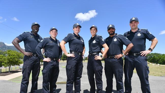 New police recruits at the Townsville Stadium. Recruits Deng Mading, Lachlan Giarrusso, Sian French, Sam (Samantha) Menteith, Narender Kolan and Jesse Kinbacher. Picture: Evan Morgan