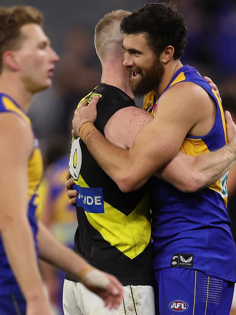Jack Riewoldt and Josh Kennedy each kicked a bag for their respective sides last time they met. Picture: Paul Kane/Getty Images