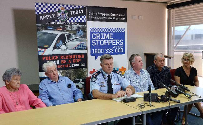 Marilyn Wallman’s parents, Daphne and John Wallman, Queensland Assistant Commissioner Mike Condon, Marilyn’s brothers Rex and David Wallman, and sister Lenore Flynn at the press conference to confirm that skull fragments found in 1974 are those of Marilyn. Picture: Lee Constable