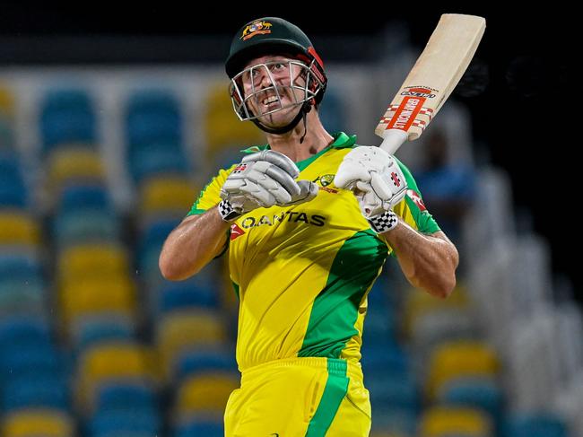 Mitchell Marsh of Australia hits 6 during the 3rd and final ODI between West Indies and Australia at Kensington Oval, Bridgetown, Barbados, on July 26, 2021.S (Photo by Randy Brooks / AFP)