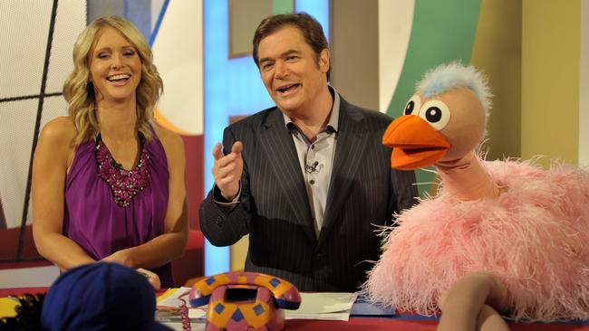 Livinia Nixon, Daryl Somers and Ossie Ostrich on the set of Hey Hey It’s Saturday. Picture: Channel 9<br/>