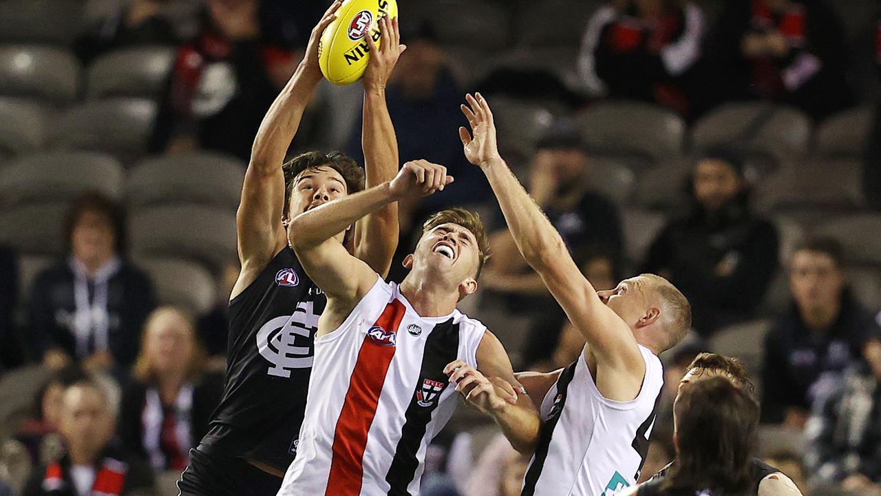 Carlton forward Jack Silvagni marks over Dougal Howard. Picture: Michael Klein