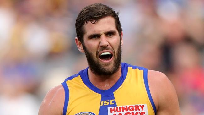 Jack Darling of the Eagles reacts after missing a goal  during the Round 19 AFL match between the West Coast Eagles and the North Melbourne Kangaroos at Optus Stadium in Perth, Saturday, July 27, 2019. (AAP Image/Richard Wainwright) NO ARCHIVING, EDITORIAL USE ONLY