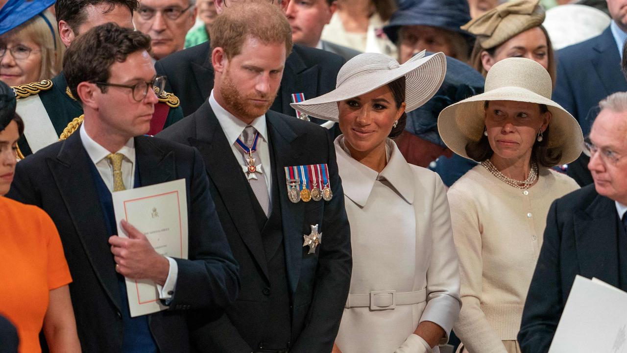 Harry and Meghan’s status is even more on the sidelines than it was in June when they were on the second row at the Jubilee service. Picture: Arthur Edwards/AFP