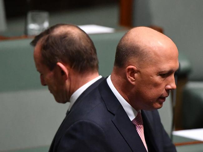 Peter Dutton and Tony Abbott in parliament on August 21. Picture: AAP