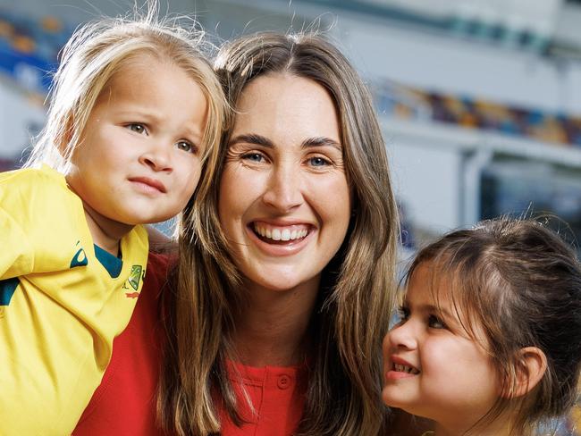 Rachel Khawaja with kids Aisha and Ayla at the Gabba on Thursday ahead of the Third test between Australia and India. Picture Lachie Millard