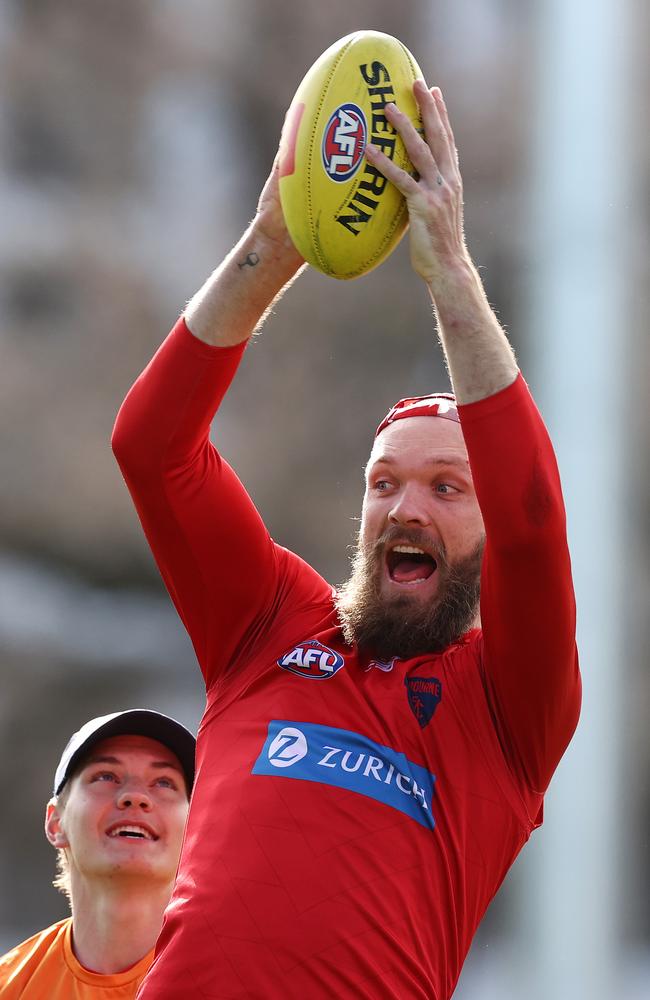 Max Gawn rips down a big grab at training. Picture: Michael Klein