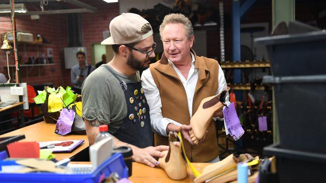 Billionaire RM Williams owner Andrew Forrest on the floor of the Salisbury factory. Picture: Keryn Stevens