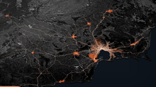 Infrastructure Victoria’s modelling of how a network of cities in Victoria could look. Picture: Supplied