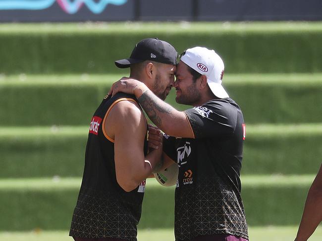 Jordan Kahu gives Hongi to Issac Luke at Broncos training at Red Hill. Picture: Annette Dew