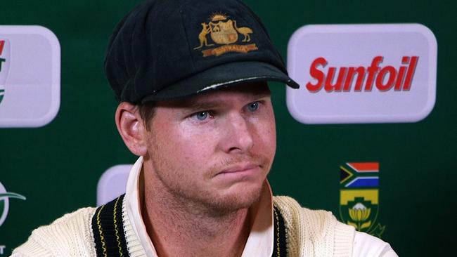 Steve Smith at the 2018 press conference in Cape Town following the ball tampering incident. Picture: AFP