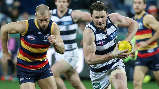 Patrick Dangerfield in action against his old club. Picture: George Salpigtidis