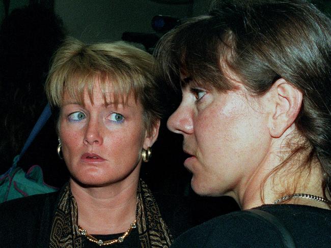 Former East German swimmers Christine Knacke-Sommer (L) &amp; Birgit Matz testified during the trial of former sports officials charged with feeding anabolic steroids to athletes.