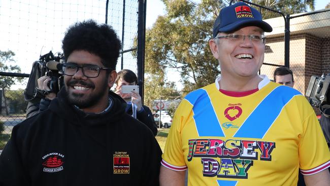 Hayden Charles with Prime Minister Scott Morrison at a Clontarf Foundation event at Endeavour Sports High School. Picture: David Swift