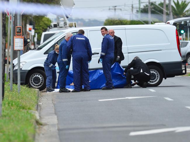 A man has been shot on the street in Bell Post Hill. Police have blocked off the scene. Anakie Road Bell Post Hill Geelong Picture: Mitch Bear