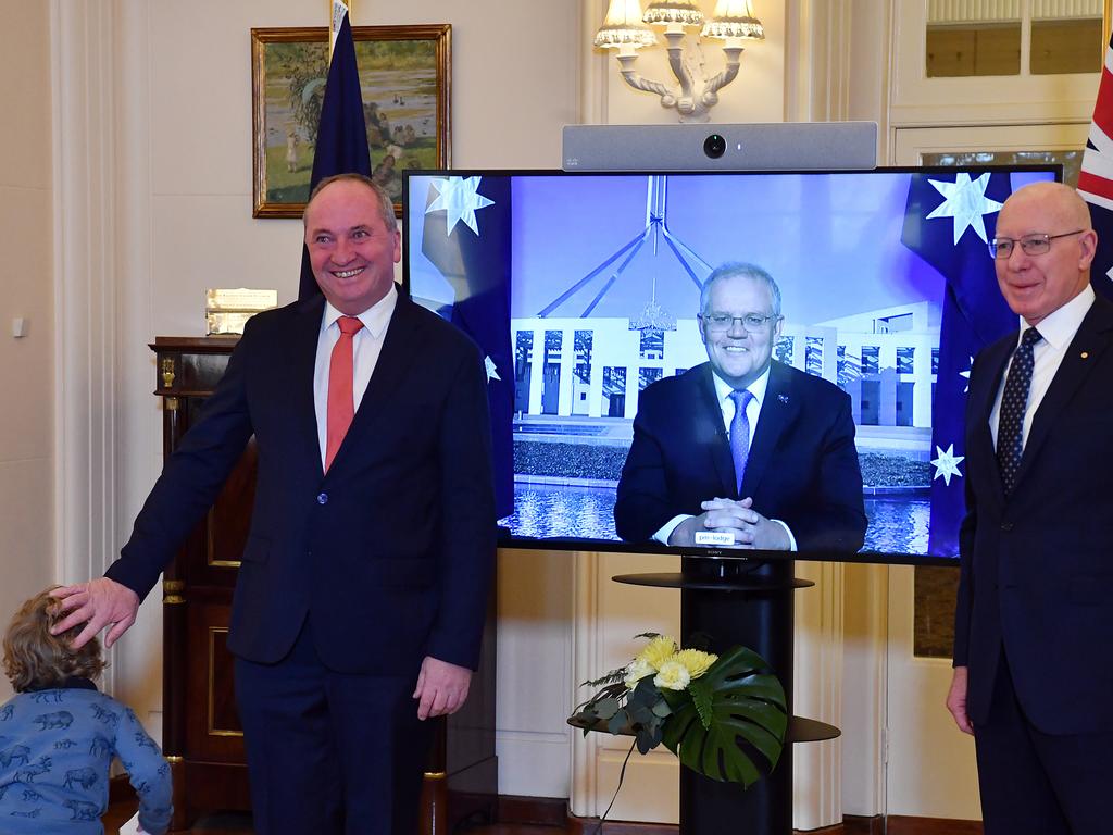 Barnaby Joyce’s son attempted to gatecrash an official photo with the PM as his father was sworn-in. Picture: Sam Mooy / Getty Images