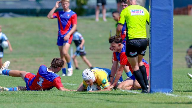 Ethan Alcorn scoring a try for the Northern Rivers Titans against the Newcastle-Maitland Region Knights during round one of the Andrew Johns Cup. Picture: DC Sports Photography.