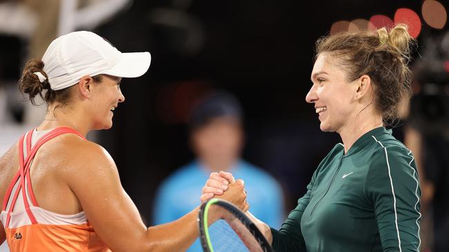 Ash Barty, pictured with Simona Halep after an exhibition at Memorial Drive in January, will return to Adelaide to headline a WTA event next week. Picture: Getty Images