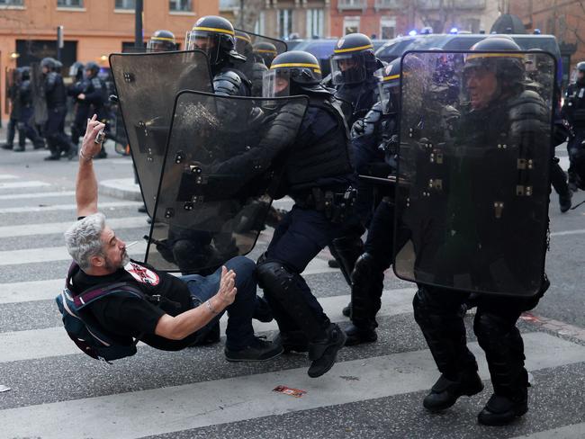 A demonstration in Toulouse a week after the government pushed a pension reform through parliament without a vote. Picture: AFP