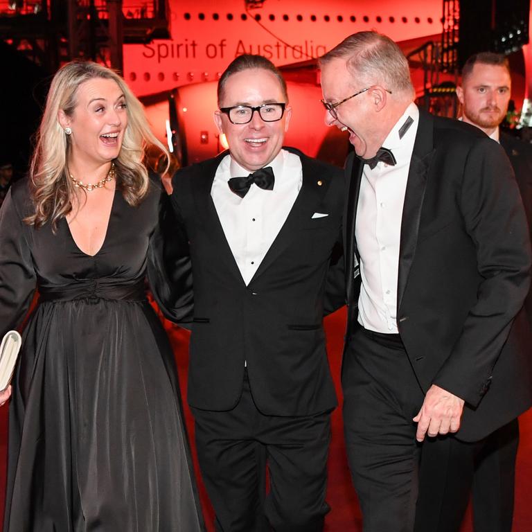 Jodie Haydon, Alan Joyce and Anthony Albanese at the Qantas 100th Gala Dinner in Sydney. (Photo by James D. Morgan/Getty Images)