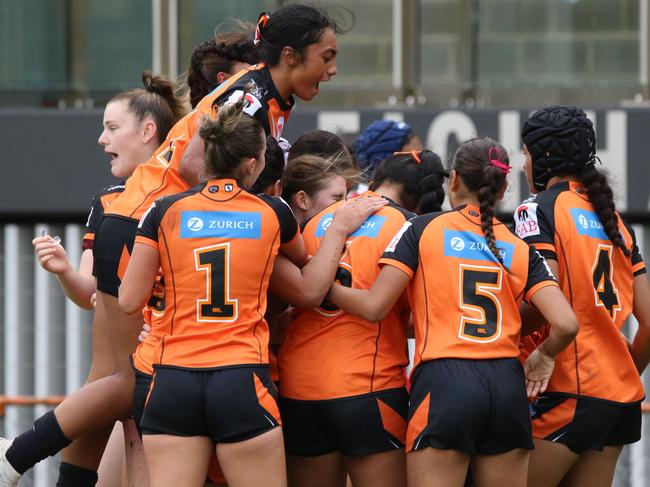 Tigers celebrate a try. Picture: Warren Gannon Photography