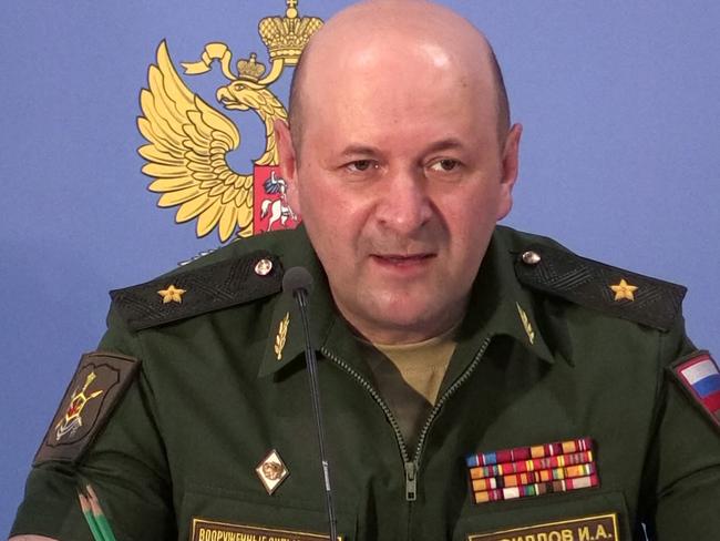 In this grab from an AFPTV footage, Igor Kirillov, head of the Russian Defence Ministry's radiological, biological and chemical protection unit, speaks at a briefing over an alleged chemical attack on the Syrian city of Douma, at the Patriot park in the Moscow region on June 22, 2018. A senior Russian military official was killed on December 17, 2024 when an explosive device hidden in a scooter went off outside a building in Moscow, officials said. (Photo by AFPTV / AFP)