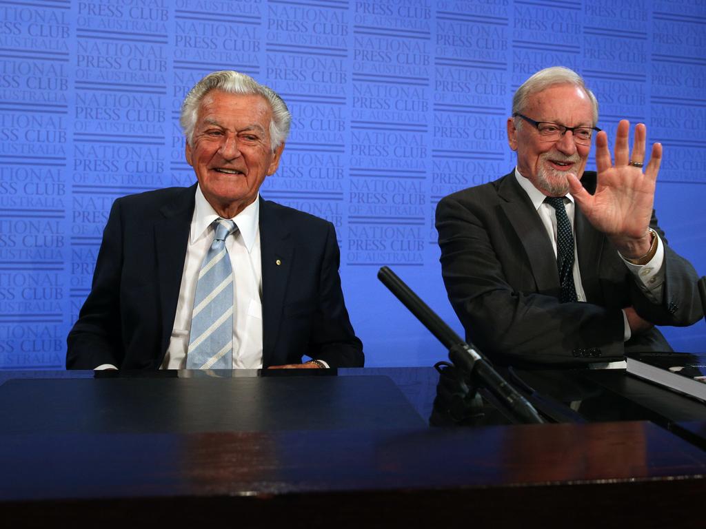 Former Prime Minister of Australia Bob Hawke with Chancellor of The Australian National University Gareth Evans at the National Press Club in Canberra. Picture: Gary Ramage