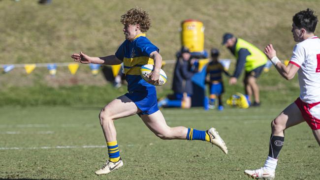 Myles Rosemond breaks away to try for Toowoomba Grammar School 1st XV against Ipswich Grammar School 1st XV in GPS Queensland Rugby round two at TGS Old Boys Oval, Saturday, July 20, 2024. Picture: Kevin Farmer