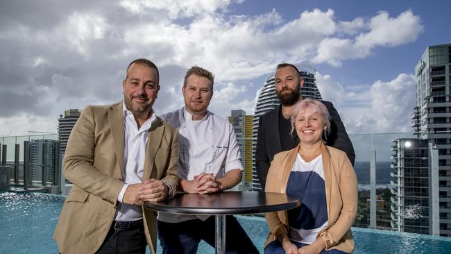 Gold Coast Taste Makers Simon Gloftis (Nineteen, Hellenika), Daniel Ridgeway (Gotham, Little Truffle, BiN restaurants), Mitchell McCluskey and Nerissa McCluskey (Commune, Etsu, Iku) at Nineteen at The Star. Picture: Jerad Williams