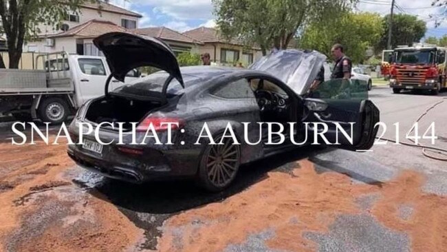 Photos posted to social media show how destroyed the Mercedes Benz was. Picture: Auburn — 2144