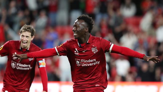 Adelaide United prodigy Nestory Irankunda is a “train=on” member of the Socceroos squad. Picture: Sarah Reed/Getty Images