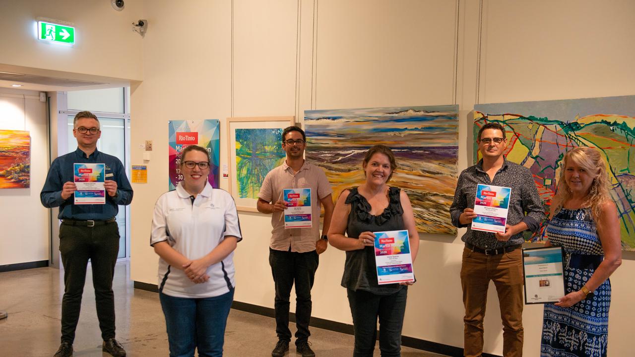 Winners of the QAL People's Choice Awards as part of the 45th Rio Tinto Martin Hanson Memorial Art Awards and Exhibition l to r Cameron Curd - Manager and Curator of the Gladstone Regional Art Gallery & Museum, Belinda Lord - QAL Communities & Communications Specialist, Jet James - Artist, Hayley Sparks - daughter of Irene Sparks, Artist, William Debois - Artist, Karen Norris - Voter's Prize.