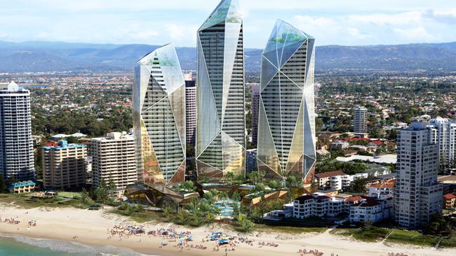 Riding's proposed $900 million tri-tower project, Jewel, which is planned for Surfers Paradise. Supplied by Ridong