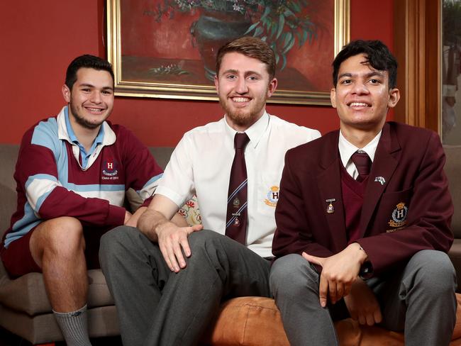 Homebush Boys High School year 12 students from left Michael Lopes, 18, Charlie McClean, 18, and Shahi Uddin, 19. Some schools are less popular then they used to be, single sex schools could be less popular at the same time as increasing property prices have changed the demographic of the area. Picture: Jonathan Ng