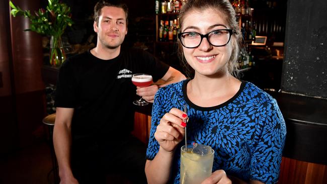 Kyle Landman &amp; Emily Cosenza enjoy cocktails at Maybe Mae with a steel straw. Picture: Bianca De Marchi