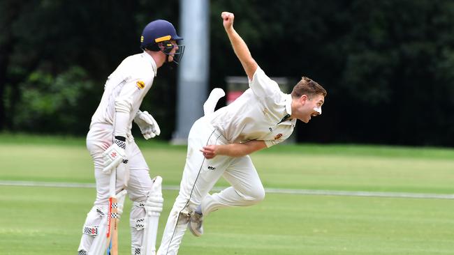 Bulls Masters first grade cricket between Valley and Redlands. Redlands bowler Tom Biggs, an Iona College old boy. Picture, John Gass