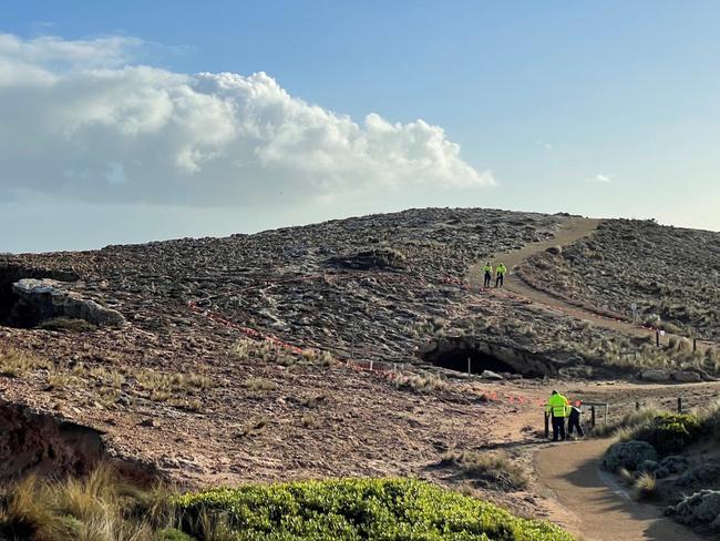 A sinkhole the size of half a tennis court has appeared on the, Robe coastline overnight. Picture: District Council of Robe