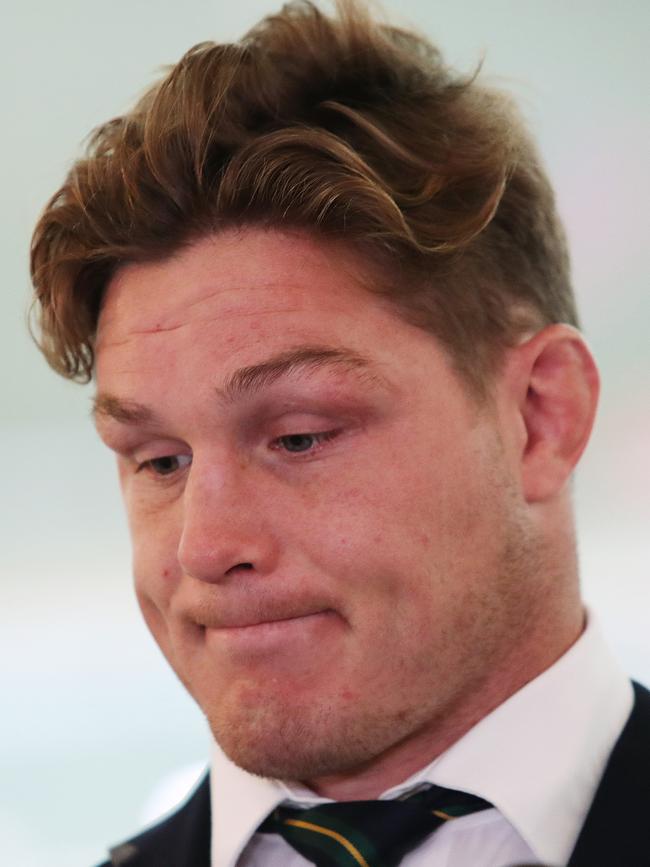 Wallabies captain Michael Hooper speaks to the media arriving home from a disappointing 2019 Rugby World Cup campaign. Picture: Brett Costello