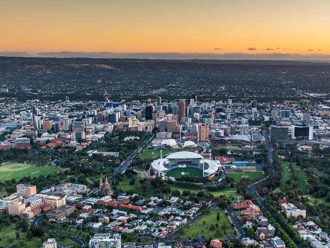 Adelaide Oval and City from the air . aerial , skyline , river torrens . RAH , Festival Centre , King William Street , North Adelaide .   Credit: Airborne Photography