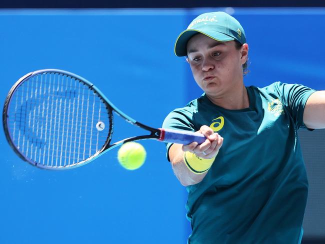 TOKYO, JAPAN - JULY 23: Ashleigh Barty of Team Australia plays a forehand shot during a practice session at Ariake Tennis Park ahead of the Tokyo 2020 Olympic Games on July 23, 2021 in Tokyo, Japan. (Photo by Clive Brunskill/Getty Images)