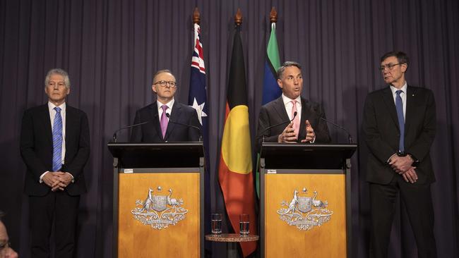 Anthony Albanese, Richard Marles with Sir Angus Houston and Professor Stephen Smith spoke to media during a press conference, relating to major defence overhauls, at Parliament House in Canberra. Picture: NCA NewsWire / Gary Ramage