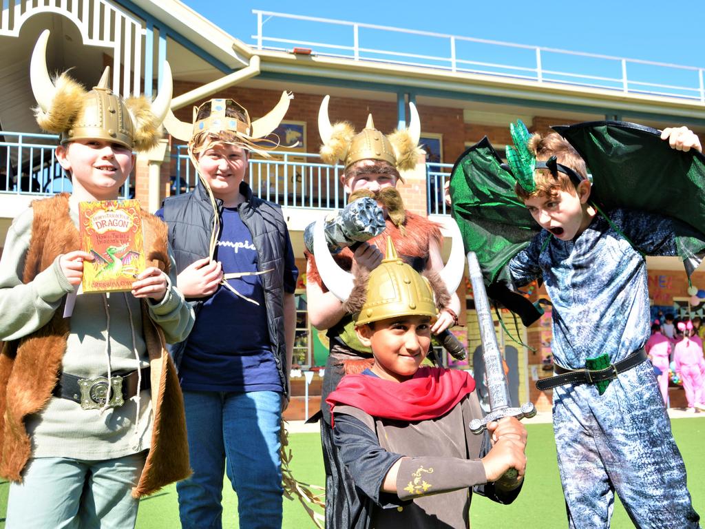 Dressed up for Book Week 2023 at Toowoomba Grammar School are (from back to front from left) Harry Constable, Charlie Mowbray, Edward Boland, and front Hiresh Wanasinghe, Anthony Polatos. Picture: Rhylea Millar