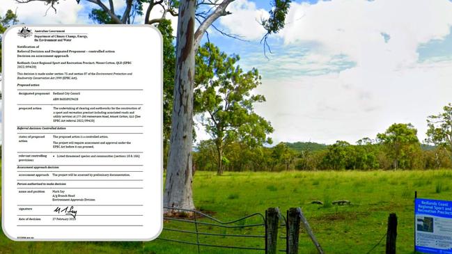 The federal government notice to Redland City Council about the controlled actions at Heinemann Rd where the council plans to build a $200m sports complex.