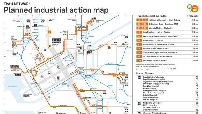 A map showing where buses will replace trams during planned industrial action in Melbourne on August 30, 2019.