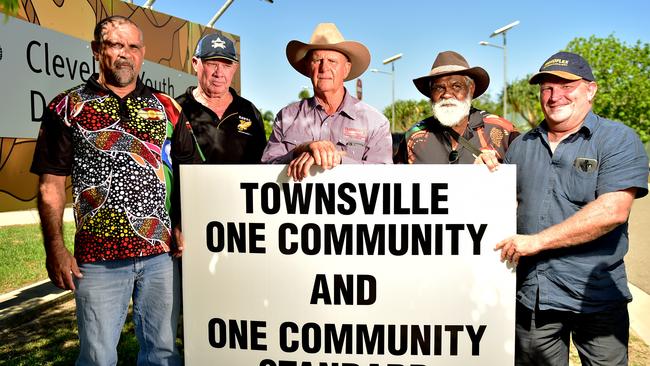 Wayne Parker Snr, Dennis Clancy, Geoff Toomby, Russell Butler Snr and Jeff Adams outside Cleveland Detention Centre.