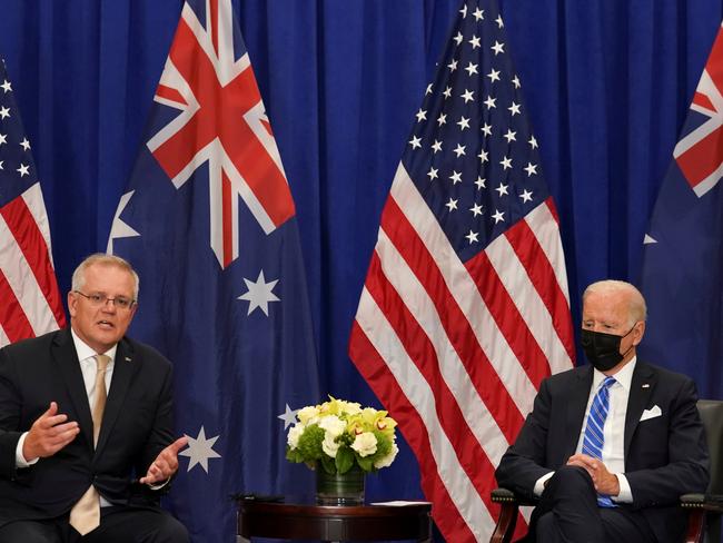 US President Joe Biden meets with Australian Prime Minister Scott Morrison during the 76th Session of the U.N. General Assembly in New York City, US. Picture: Reuters