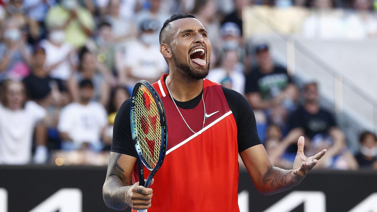 As usual, Kyrgios was not afraid to hype the crowd, which he has said is strategic. Picture: Darrian Traynor/Getty Images